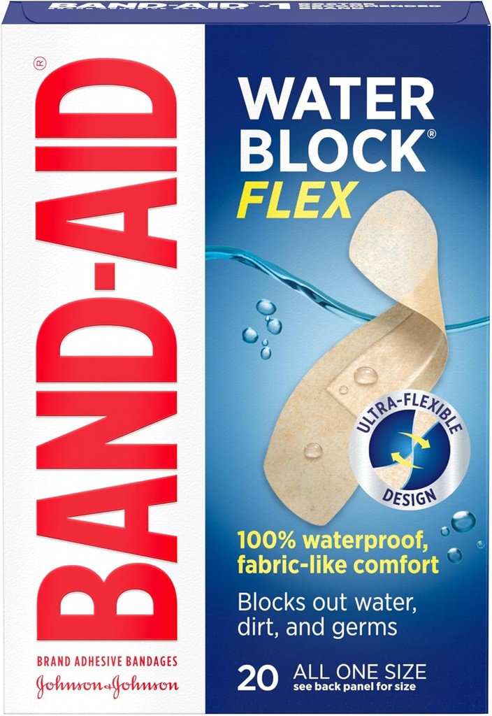 Συγκρότημα προϊόντος Brand Water Block Flex 100% Αδιάβροχοι Αυτοκόλλητοι Αυτοκόλλητοι Συγκολλητικοί Επιδέσμοι για την φροντίδα των πληγών πρώτου βοηθού των μικρών περικοπών, σκραπς & πληγές, Ultra-Flexible Design, Στείρα, Όλα ένα μέγεθος, 20 ct