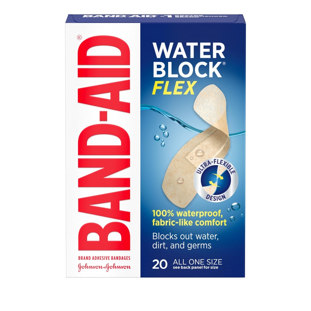 Συγκρότημα προϊόντος Brand Water Block Flex 100% Αδιάβροχοι Αυτοκόλλητοι Αυτοκόλλητοι Συγκολλητικοί Επιδέσμοι για την φροντίδα των πληγών πρώτου βοηθού των μικρών περικοπών, σκραπς & πληγές, Ultra-Flexible Design, Στείρα, Όλα ένα μέγεθος, 20 ct