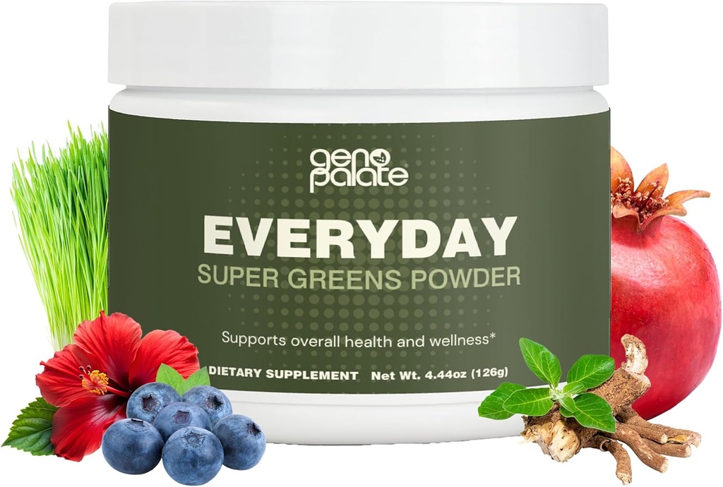 GenoPalate Everyday Super Greens, Φυτά με βάση τα θρεπτικά συστατικά με κριθάρι Grass, Spirulina, Turmeric & Probiotics, Υποστηρίζει την ενέργεια, Digestion, Antioxidants & Stress, Vegan, Gluten-free, Non-GMO, 30 Υπηρεσίες