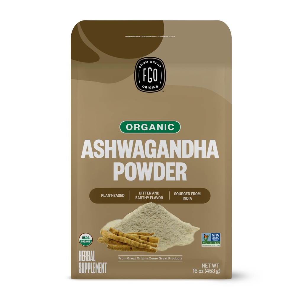 FGO Organic Ashwagandha Root Powder, 16oz Resealable Bulk Bag, Non-GMO, Indian Ginseng, Withania Somnifera, που προέρχεται από την Ινδία (Pack of 1)