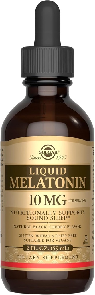 SOLGAR Liquid Melatonin 10 mg, Natural Black Cherry Flavor - 2 fl oz - Μεγάλη για Jet Lag - Vegan, Γλουτένη & Γαλακτοκομικά, Kosher - 59 Σερβιέτες