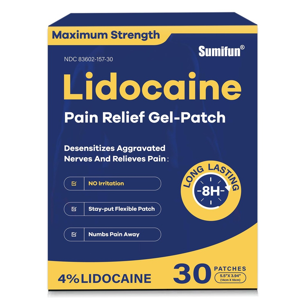 Sumifun 4% Lidocaine Pain Relief Patches 30 Count Maximum Strength Numbing Gel Patch for Back Knee Neck Joint Ache Muscle Soreness Topical Analgesic
