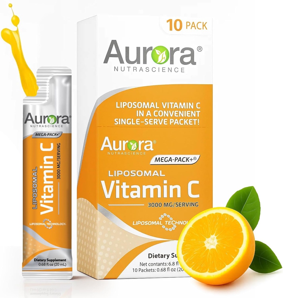 Aurora Nutrascience Mega-Pack Liposomal Vitamin C, Ανοσοποιητική Υποστήριξη, 3.000 mg ανά υπηρεσία, Vegan, Χωρίς γλουτένη, Μη ΓΤΟ, 10 Single Servet Packets, Πορτοκαλί