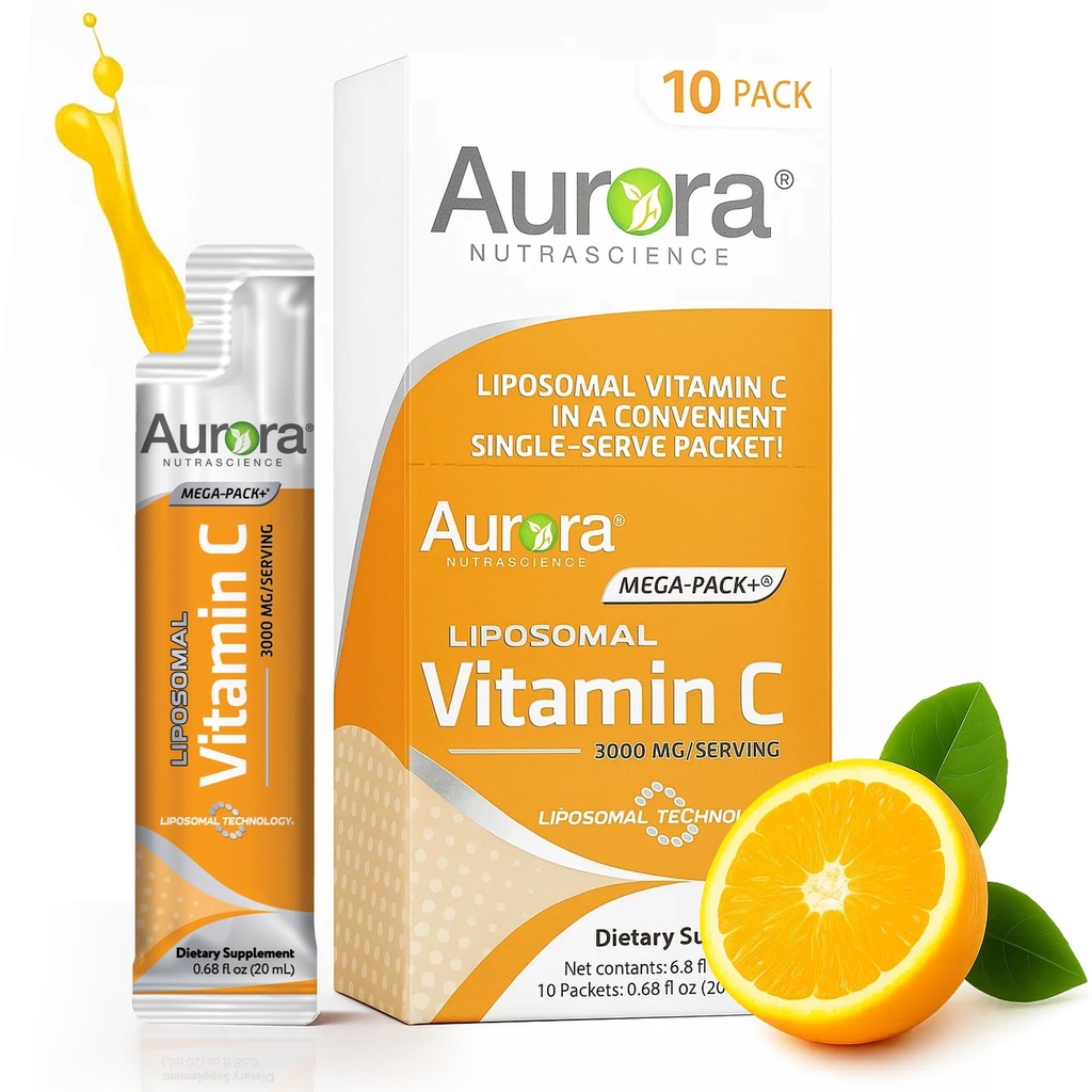 Aurora Nutrascience Mega-Pack Liposomal Vitamin C, Ανοσοποιητική Υποστήριξη, 3.000 mg ανά υπηρεσία, Vegan, Χωρίς γλουτένη, Μη ΓΤΟ, 10 Single Servet Packets, Πορτοκαλί