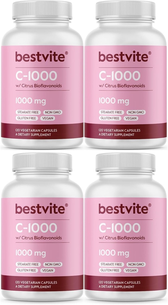 BESTVITE Βιταμίνη C 1000mg (480 κάψουλες χορτοφάγων) (120 x 4) με Citrus Bioflavinoids - Όχι Stearates - Vegan - Non GMO - Χωρίς γλουτένη