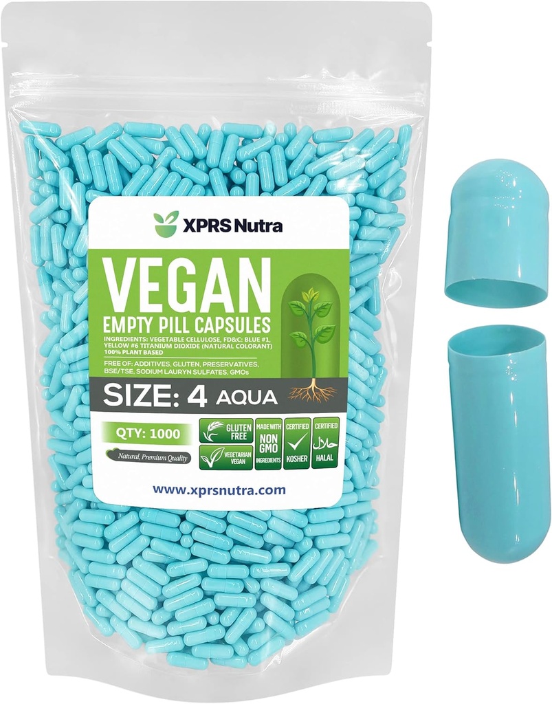 XPRS Nutra Μέγεθος 4 κενές κάψουλες - 1000 Count Small Empty Vegan Κάψουλες - DIY Καψάκιο Γέμισμα - Fillable Do-It-Yourself Veggie χάπια για συμπληρώματα (Aqua)
