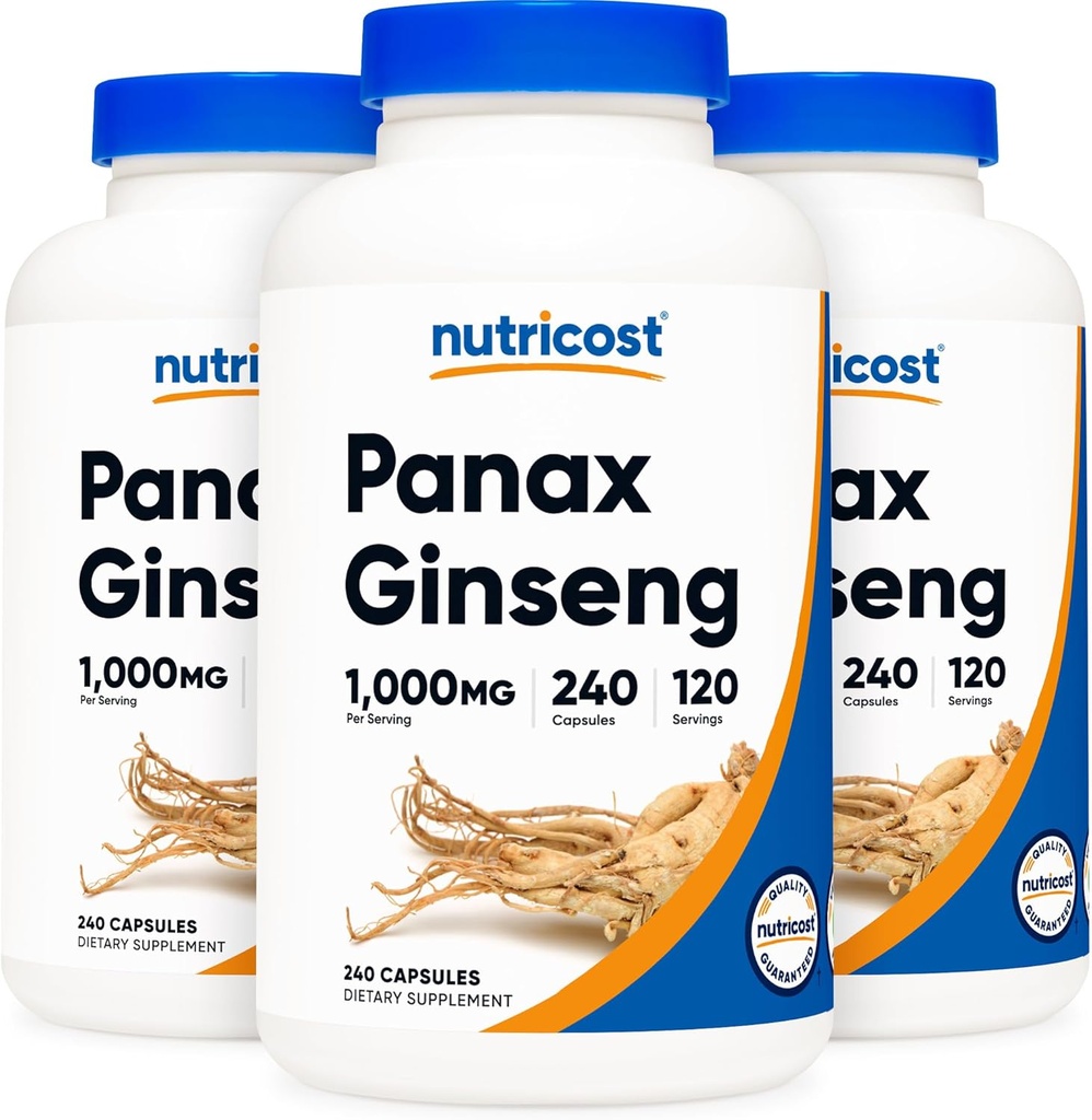 Nutricost Panax Ginseng 1000mg, 240 κάψουλες, 3 μπουκάλια - Μη ΓΤΟ, Χωρίς γλουτένη, 120 σερβιέτες