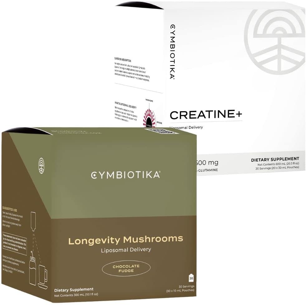 CYMBIOTIKA Liposomal Mushroom Supplement & Createine+ Bundle, Lion's Mane, Turkey Tail, B-Vitamins, Cordyceps & Reishi Mushrooms, Amino Energy, Recovery, & Muscle Mass