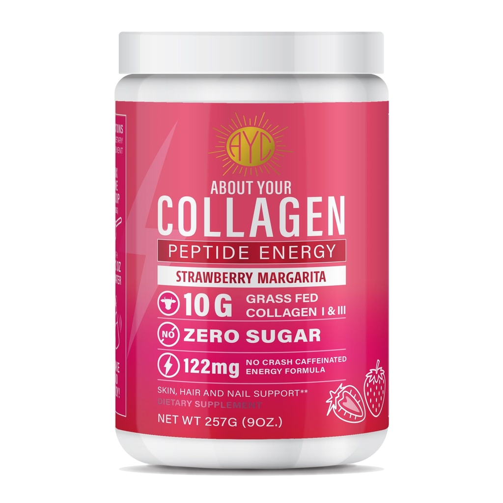 Peptide Energy Collagen Powder Hair, Nail, Skin, Type I & III,Caffeine for Energy, Vitamin C, Biotin, Hyaluronic Acid, Zero Sugar – 8,92 oz (Strawberry Margarita)