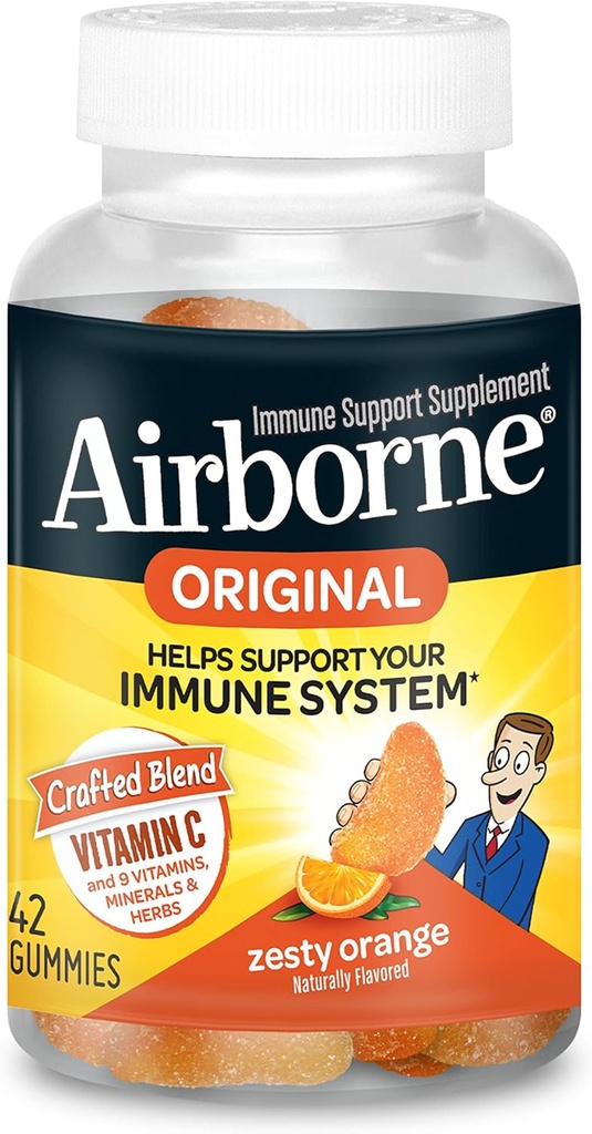 Airborne Vitamin C 750mg (ανά υπηρεσία) Zesty Orange Flavored Gummies (42 Count in a Bottle), Gluten-free ανοσοποιητική υποστήριξη συμπλήρωμα με βιταμίνες A C E, Selenium, Echinacea, Ginger, Antioxidant