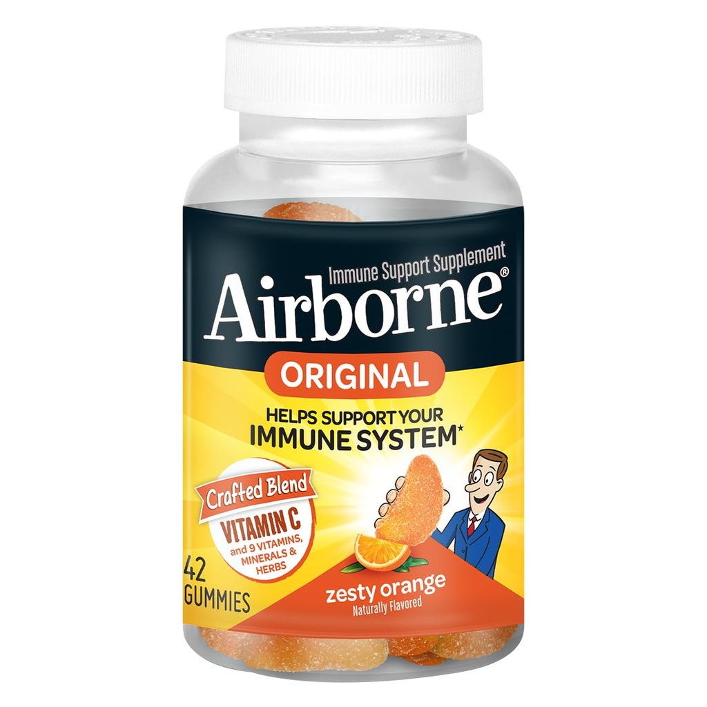 Airborne Vitamin C 750mg (ανά υπηρεσία) Zesty Orange Flavored Gummies (42 Count in a Bottle), Gluten-free ανοσοποιητική υποστήριξη συμπλήρωμα με βιταμίνες A C E, Selenium, Echinacea, Ginger, Antioxidant