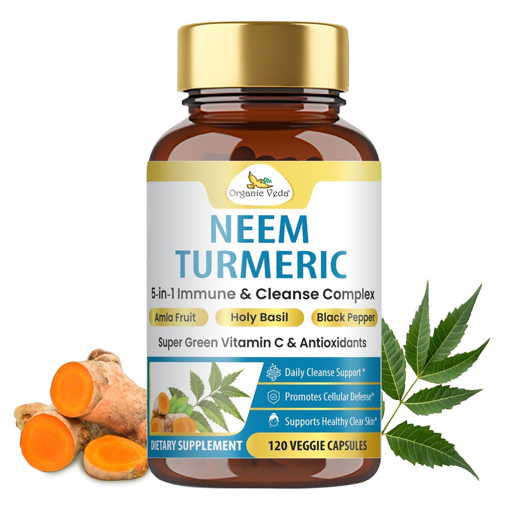 Βιολογικές κάψουλες Veda Neem & Turmeric με Amla Φρούτα, Tulsi, Ιερός Βασίλειος, εκχύλισμα Μαύρου Πιπεριού - Συμπλήρωμα Διατροφής Ανοσολογικής Υποστήριξης - Ενισχύει Υγιεινή Καθαρή Δέρμα & Κυτταρική Άμυνα - 120 Κάψουλες Vegan