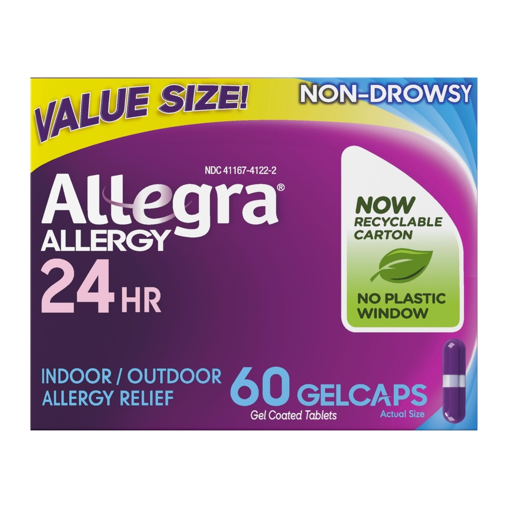 Allegra Ενηλίκων 24ωρης Αλλεργίας Gelcaps, Μη Νυσταγμένη Εσωτερική και Εξωτερική Αλλεργία Ιατρική, 180 mg Fexofenadine HCI Αντιισταμινικό χάπι, 60 mg