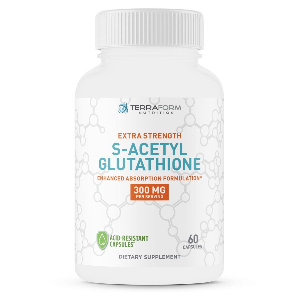 TerraForm Nutrition Extra Strength S-Acetyl Glutathione 300mg – 60 Acid-Resistant Capsules - Premium Glutathione Supplement - Highly Bioavailable & Stable Form SAG Supplement – Made in USA