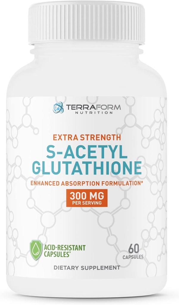 TerraForm Nutrition Extra Strength S-Acetyl Glutathionone 300mg – 60 Acid-Resistant Capsules - Premium συμπλήρωμα γλουταθειόνης - Εξαιρετικά βιοδιαθέσιμο και σταθερό συμπλήρωμα SAG μορφή – Made in USA