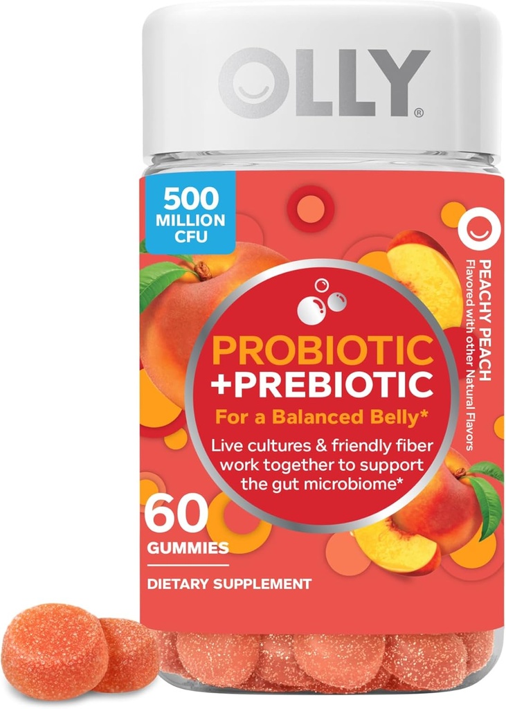 OLLY Probiotic + Prebiotic Gummy, Digestive Support and Gut Health, 500 Million CFUs, Fiber, Adult Chewable Supplement for Men and Women, Peach, 60 Day Supply - 60 Count