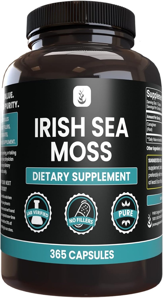 PURE αρχικά ΣΥΣΤΑΤΙΚΑ Irish Sea Moss (365 κάψουλες) Πάντα καθαρό, χωρίς πρόσθετα ή πληρωτικά, Εργαστήριο Επαληθευμένο