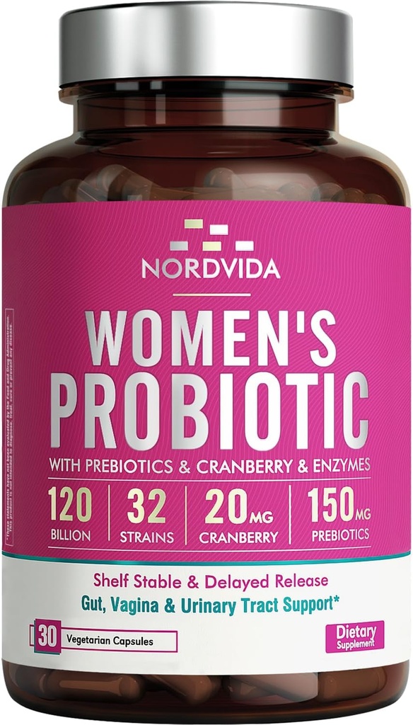 Women's Probiotic, 120 Billion & 32 Strains with Cranberry, Prebiotics & Digestive Enzymes, Gut, Vaginal & Urinary Tract Support, 30 Delayed Release Capsules