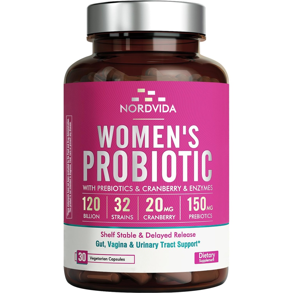 Women's Probiotic, 120 Billion & 32 Strains with Cranberry, Prebiotics & Digestive Enzymes, Gut, Vaginal & Urinary Tract Support, 30 Delayed Release Capsules