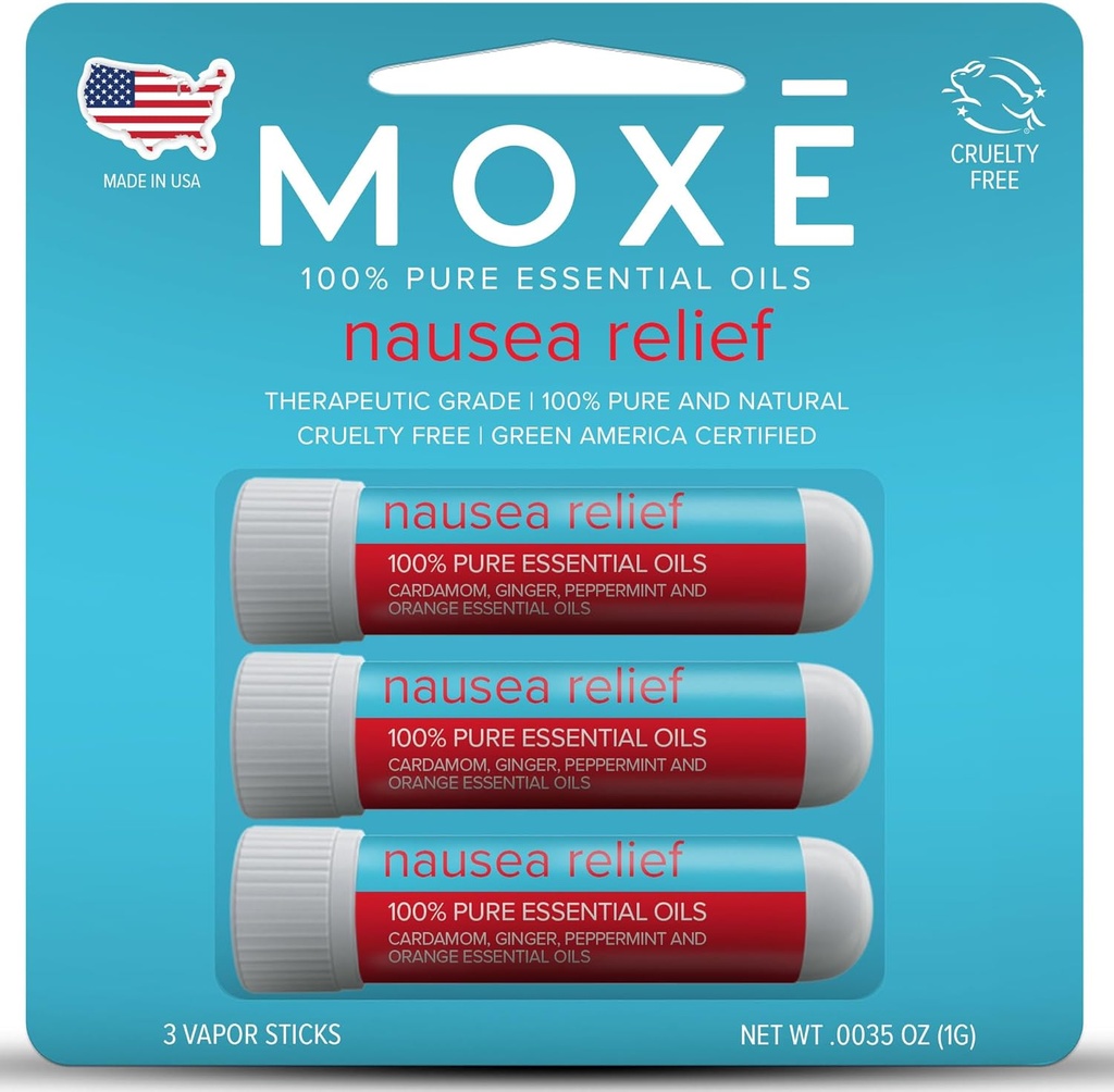 MOXE Nausea Nasal Inhaler Sticks, All Natural essential Oil Blend, Ginger, Cardamom, Peppermint, Sweet Orange, Upset Στομάχι, Πονοκέφαλοι, Εύκολο στη χρήση Φορητή Αρωματοθεραπεία, Made in USA, 3 Pack