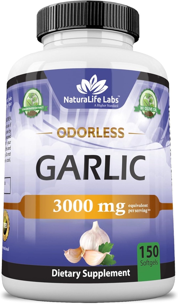 NaturaLife Labs Odorless Garlic – 3,000 mg Equivalent per Serving – 150 Softgels – Concentrated Garlic Bulb Extract with Organic Extra Virgin Olive Oil – Non-GMO, Gluten-Free