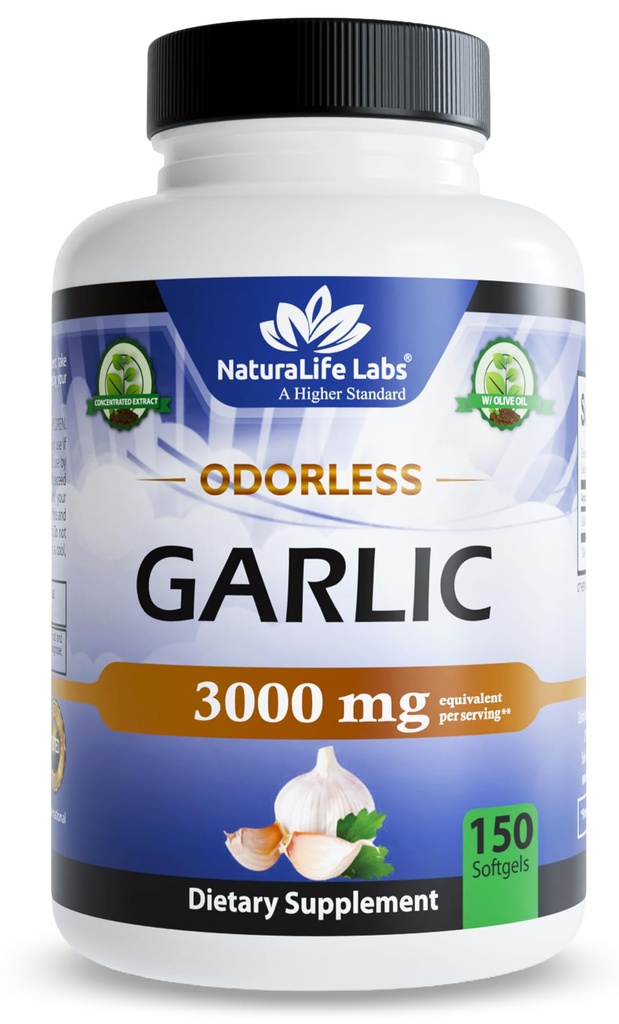 NaturaLife Labs Odorless Garlic – Concentrated 100:1 Garlic Extract with Olive Oil – 150 Softgels – Non-GMO, Gluten-Free