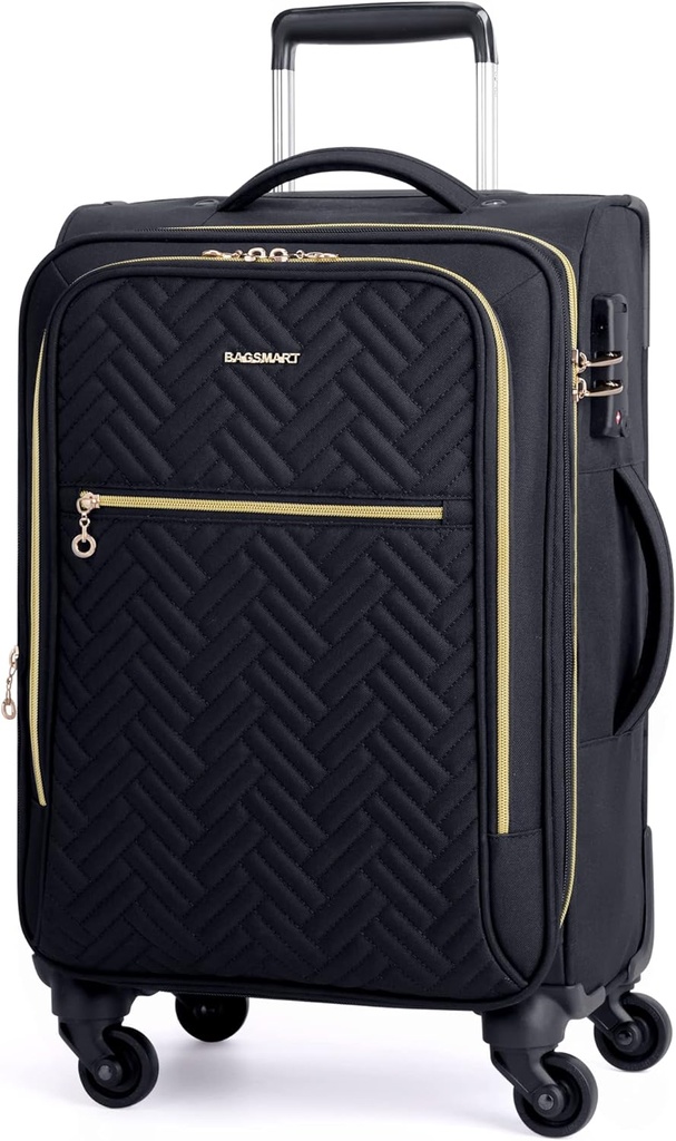 BAGSMART Carry On Luggage 20 Inch,Softside Επεκτεινόμενη Βαλίτσα με Τροχούς Spinner, Αποσκευές 22x14x9 Αεροπορικά Εγκεκριμένα Rolling Ελαφριές Βαλίτσες για γυναίκες άνδρες, Compact Carry-On (Μαύρο)