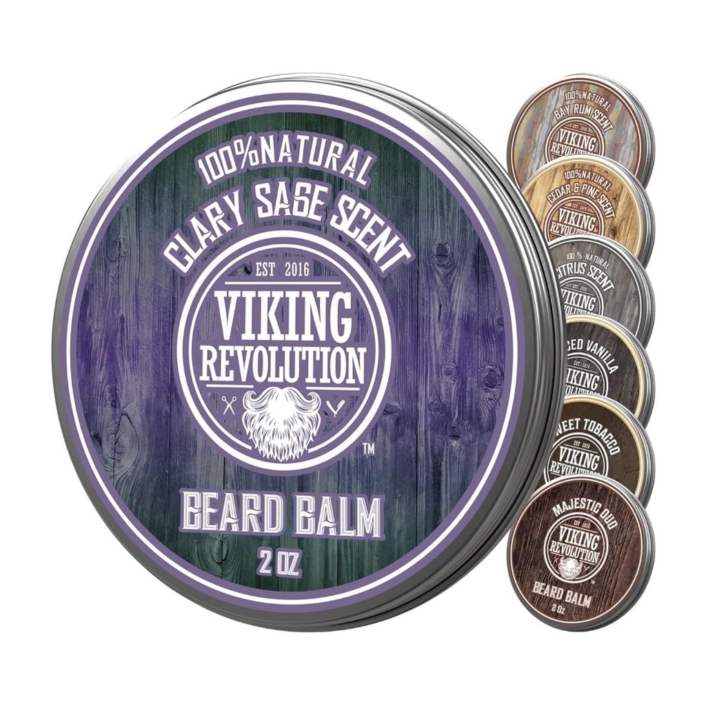 Viking Revolution Clary Sage Beard Balm - Βούτυρο με έλαιο Argan, Αποσκληρυντής για άνδρες με έλαιο Jojoba - Moisturizer για άνδρες με κερί μέλισσας - Κερί για άνδρες (2oz, 1 Pack)