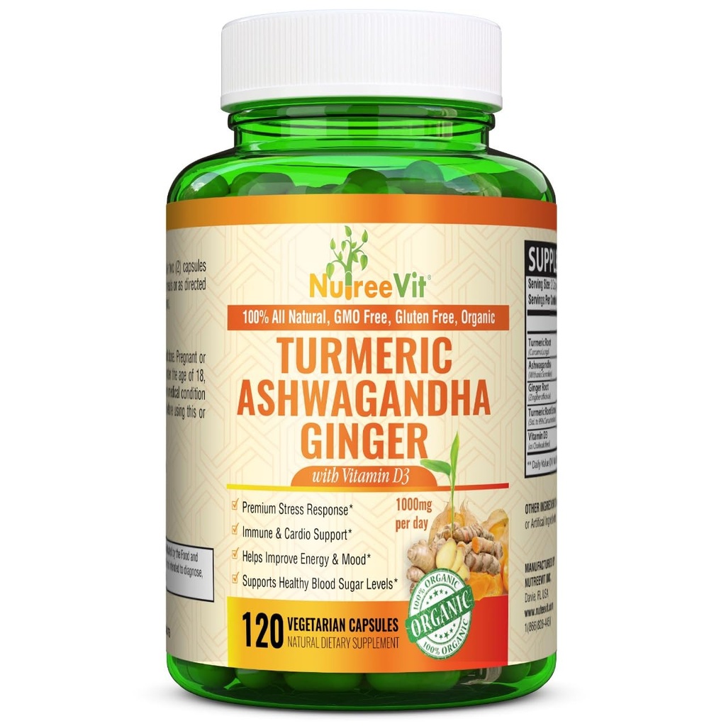 Organic Turmeric with Ashwagandha & Ginger - 120 Capsules | Ashwagandha Root & Turmeric Supplement with Vitamin D3 | Herbal Supplement for General Wellness