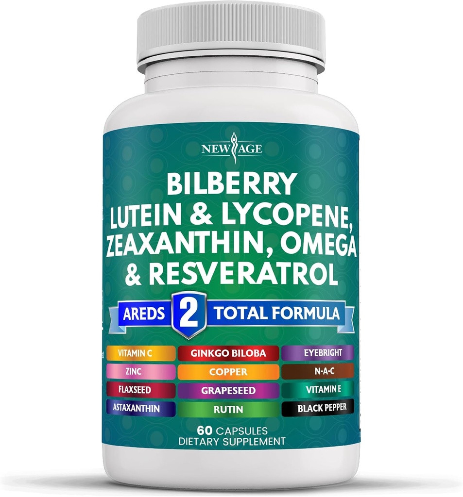 NEW AGE Eye Health Vitamins with Bilberry Lutein & Zeaxanthin Lycopene Resveratrol Resveratrol Resveratrol Resveratrol Seed Aspaxanthin - Eye Vitamin - 60 Count