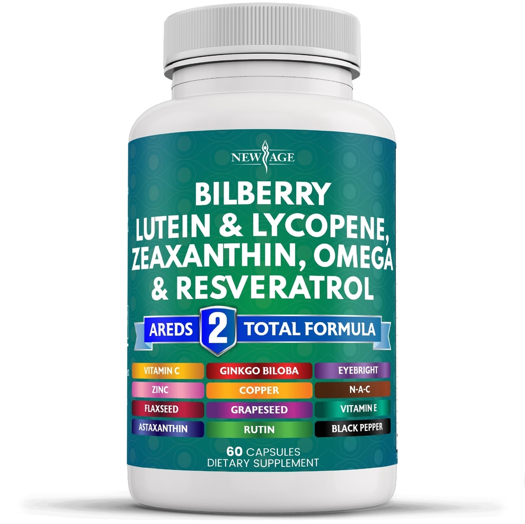 NEW AGE Eye Health Vitamins with Bilberry Lutein & Zeaxanthin Lycopene Resveratrol Resveratrol Resveratrol Resveratrol Seed Aspaxanthin - Eye Vitamin - 60 Count
