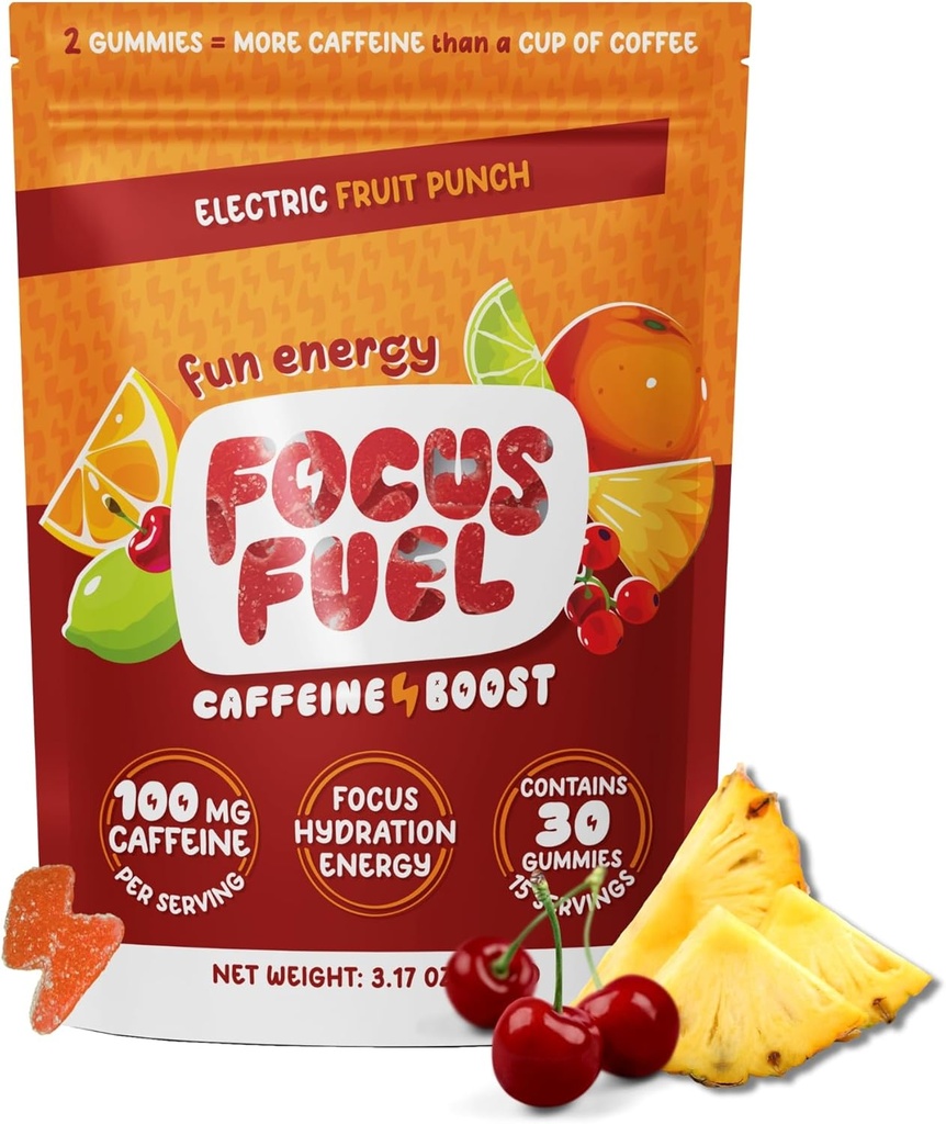 FocusFuel Energy Chews – Fruit Punch Flavor (15 Servings) – 100mg Caffeine + L-Theanine + B12, Magnesium – Boost Focus & Energy – No Crash or Jitters
