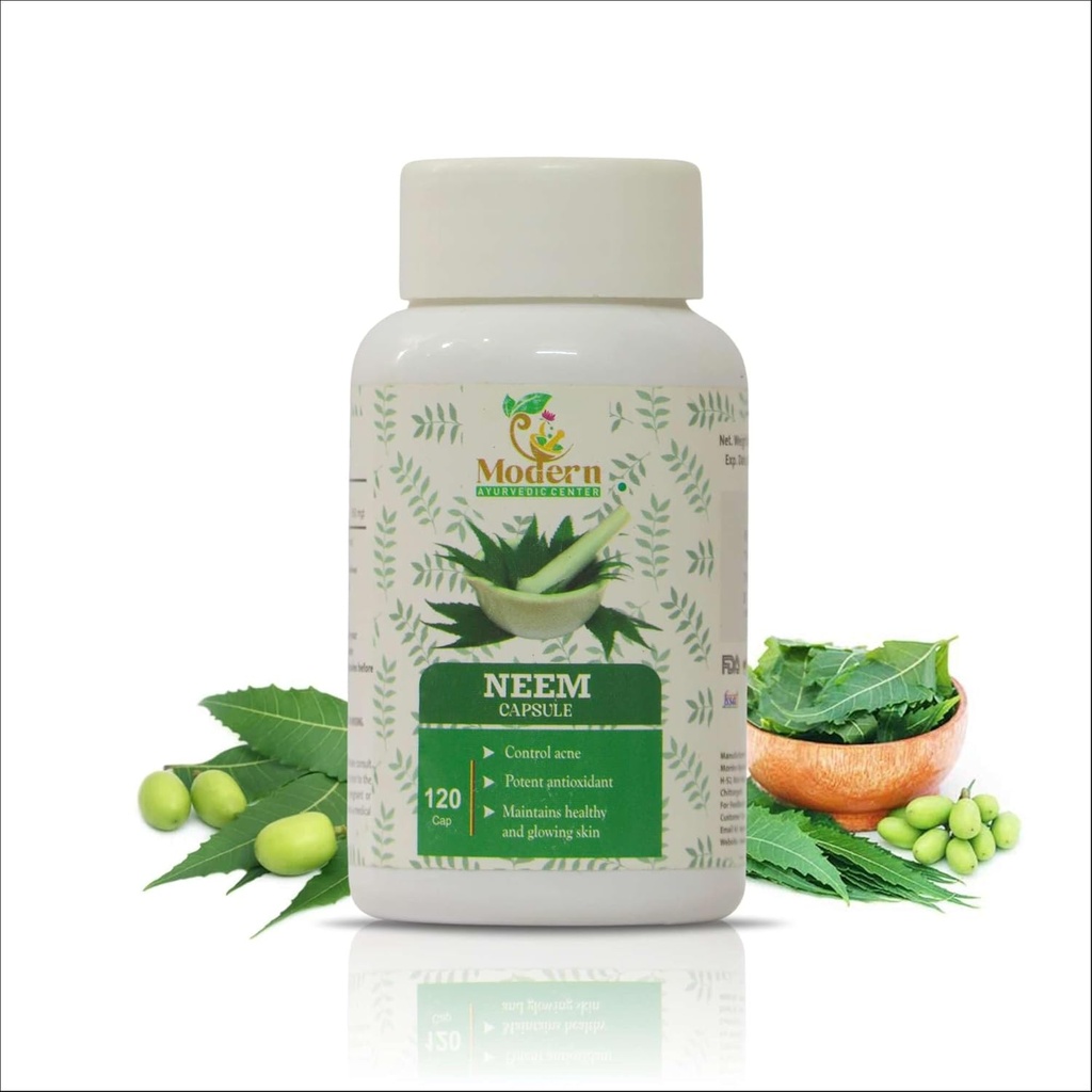 Σύγχρονο Ayurvedic κέντρο οργανικό Neem 120 κάψουλες υποστηρίζει τον έλεγχο ακμής, αντιοξειδωτική προστασία, υγιή και λαμπερό δέρμα καθαρό Neem (Azadirachta Indica) συμπλήρωμα για τη φυσική ευεξία