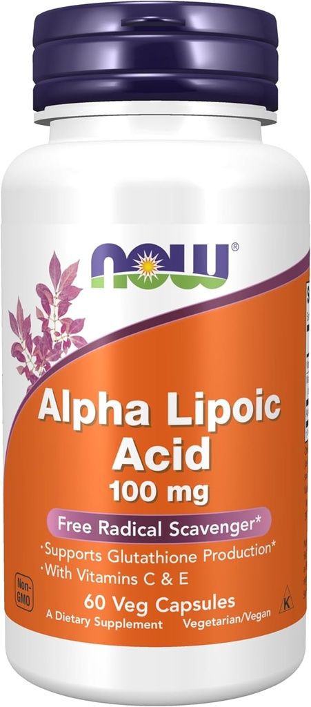 NOW Συμπληρώματα Τροφίμων, Alpha Lipoic Acid 100 mg με Βιταμίνες C & E, Free Radical Scavenger*, 60 Veg Κάψουλες