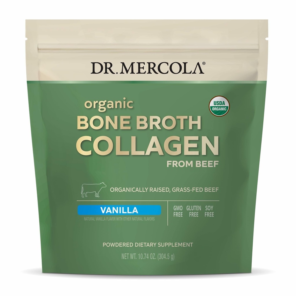 Dr. Mercola Organic Broth Collagen Powder - Υποστηρίζει την υγεία των οστών και την ανάπτυξη των μυών - USDA Organic, Non-GMO, Gluten-free & Dairy-Free - 30 εξυπηρετούν - Βανίλια Γεύση