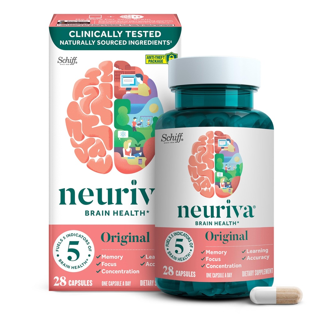 NEURIVA Original Deaffeinated Clinically Tested Nootropic Brain Supplement for Memory, Focus & Recentration, NeuroFactor & Phosphatidylserine, 28ct Κάψουλες