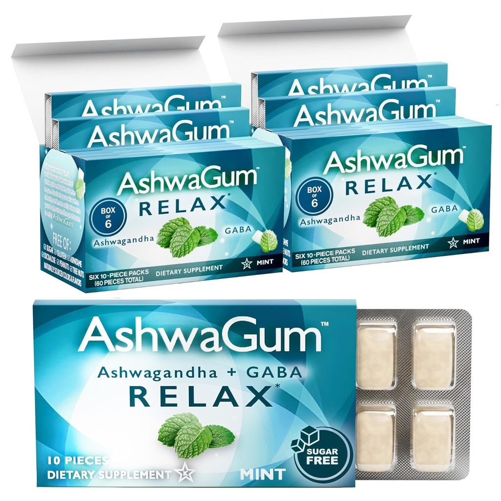 AshwaGum RELAX Gum by BetterGum, High Potency Supplement with KSM 66 Ashwagandha and Gaba, υποστηρίζει το άγχος και την ανακούφιση έντασης, εναλλακτική στις Gummies, χωρίς ζάχαρη, πακέτο των 2