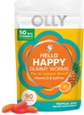 OLLY Hello Happy Gummy Worms, Υποστήριξη ισορροπίας Mood, Βιταμίνη D, Saffron, Ενηλίκων Chewable Supplement, Χωρίς γλουτένη, Tropical Zing - 90 Count