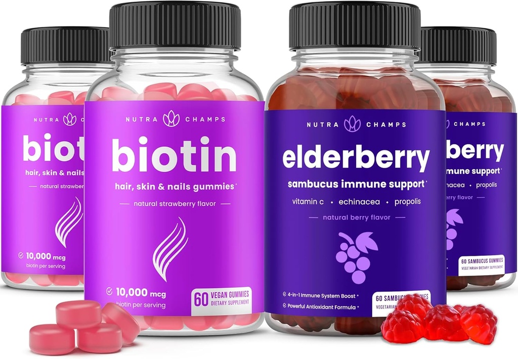 NutraChamps Biotin Gummies (2 Pack) and Elderberry Gummies (2 Pack) 4 Pack Bundle