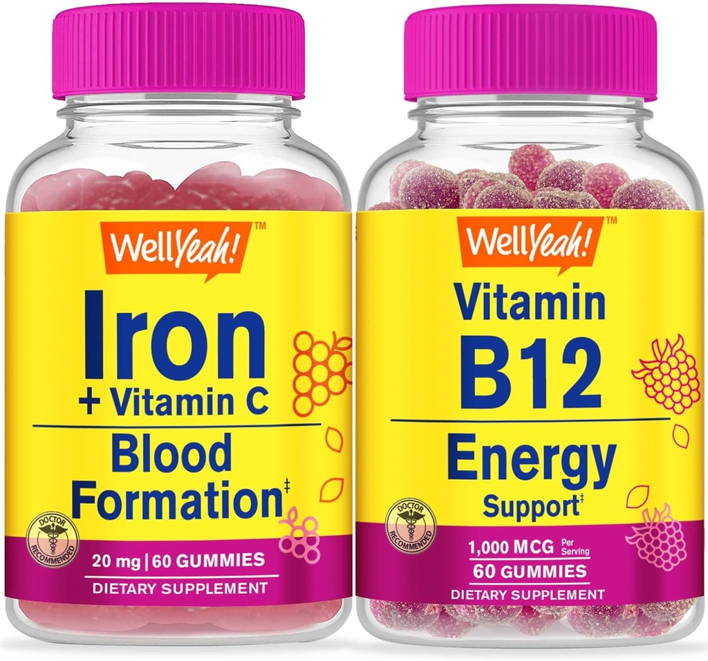 WellYeah Iron+Vitamin C + Vitamin B12 1000mcg, Gummies Bundle - Great Tasting, Vitamin Supplement, Gluten Free, GMO Free, Chewable Gummy