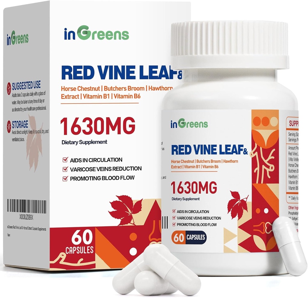 Red Vine Leaf Extract 1630mg με Horse Chestnut, Butcher’s Broom, Hawthorn συμπλήρωμα για κιρσούς, πόδι, κυκλοφορία, καρδιά, δέρμα, υποστήριξη για την υγεία της καρδιάς, Made in USA, 60 κάψουλες