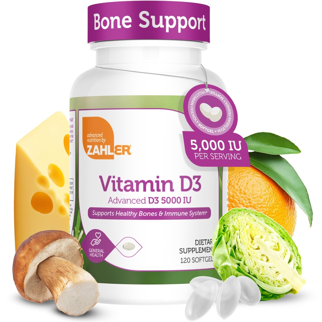 Zahler - Advanced Vitamin D3 5000 IU Softgels (120 Count) Kosher Vegetarian Friendly Vitamin D for Immune Support, Bone, Teeth & Muscle Health - Καθημερινή D3 συμπλήρωμα βιταμίνης για ενήλικες - Easy Swallow V