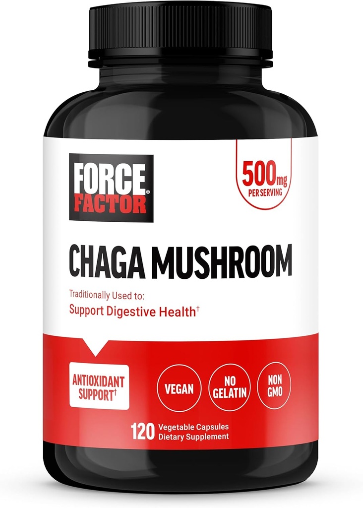 FORCE FACTOR Chaga Μανιτάρια κάψουλες, συμπλήρωμα μανιταριών για την υποστήριξη της υγείας και της πέψης, κατασκευασμένο από πραγματικά μανιτάρια, Vegan, μη GMO, 120 κάψουλες