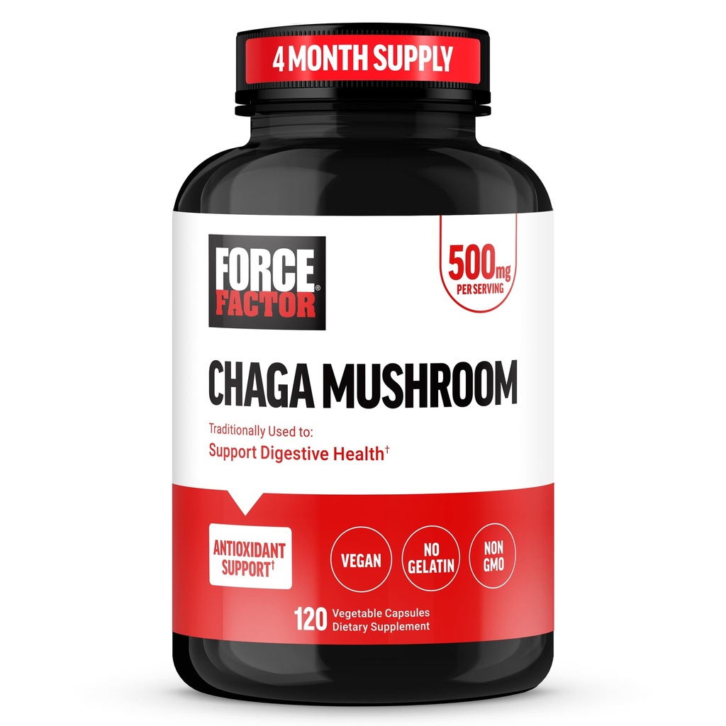 FORCE FACTOR Chaga Μανιτάρια κάψουλες, συμπλήρωμα μανιταριών για την υποστήριξη της υγείας και της πέψης, κατασκευασμένο από πραγματικά μανιτάρια, Vegan, μη GMO, 120 κάψουλες