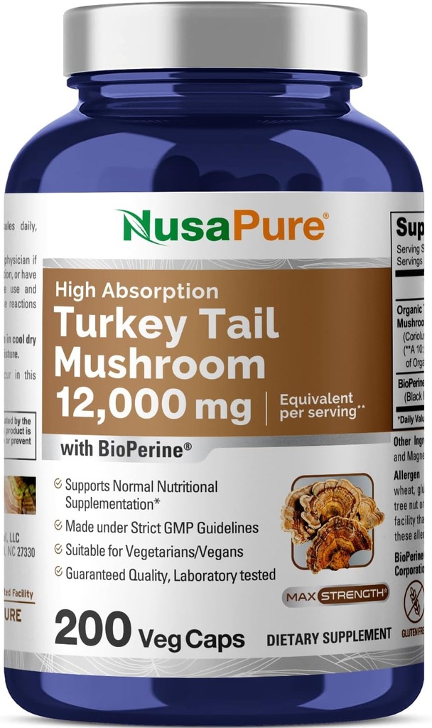 NusaPure Turkey Κάψουλες Mushroom ουράς, 10:1 Extract, 1200 mg Ισοδύναμα με 12.000 mg, 200 Vcaps, Μη ΓΤΟ, Χωρίς γλουτένη, Βιοπερίνη