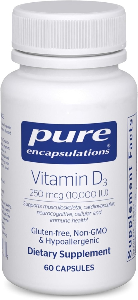 Pure Encapsulations Βιταμίνη D3 250 mcg (10.000 IU) - Συμπλήρωμα Υποστήριξης Οστών, αρθρώσεων, μαστού, καρδιάς, παχέος εντέρου & ανοσοποιητικής υγείας - με Premium Βιταμίνη D - 60 κάψουλες