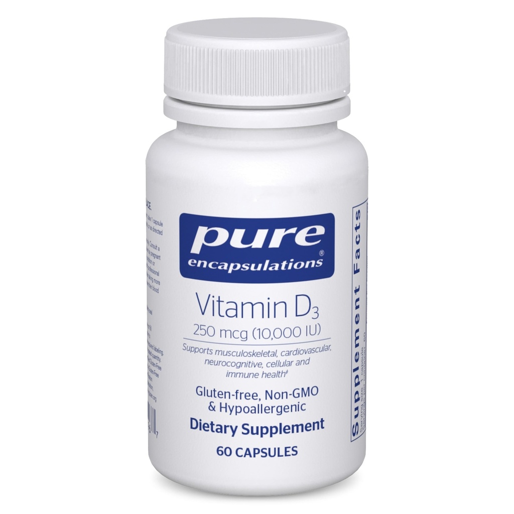 Pure Encapsulations Βιταμίνη D3 250 mcg (10.000 IU) - Συμπλήρωμα Υποστήριξης Οστών, αρθρώσεων, μαστού, καρδιάς, παχέος εντέρου & ανοσοποιητικής υγείας - με Premium Βιταμίνη D - 60 κάψουλες