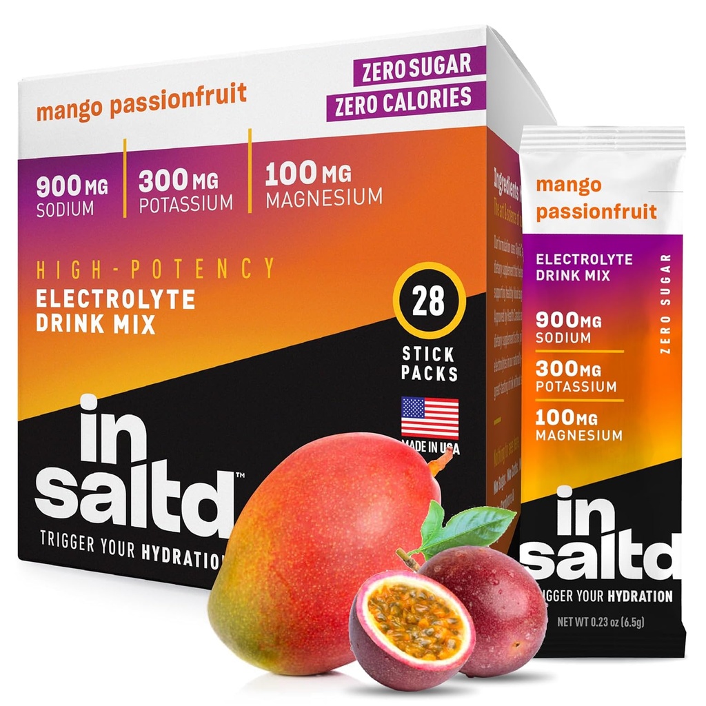 INSALTD™ Sugar Free Electrolytes Powder Packets with No Stevia Aftertaste | High-Potency Hydration Packets | Keto Electrolyte Drinks | Intermittent Fasting Drink Mix | 28 Pack (Mango Passionfruit)