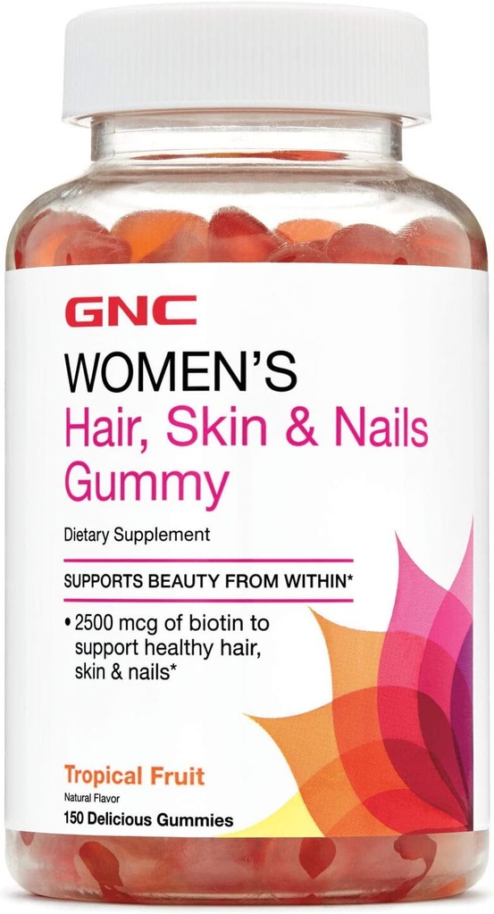 GNC Γυναικεία μαλλιά, δέρμα & νύχια Gummy - Τροπικά φρούτα, 150 Gummies, Περιέχει βιοτίνη για ισχυρή και υγιή μαλλιά, δέρμα και νύχια