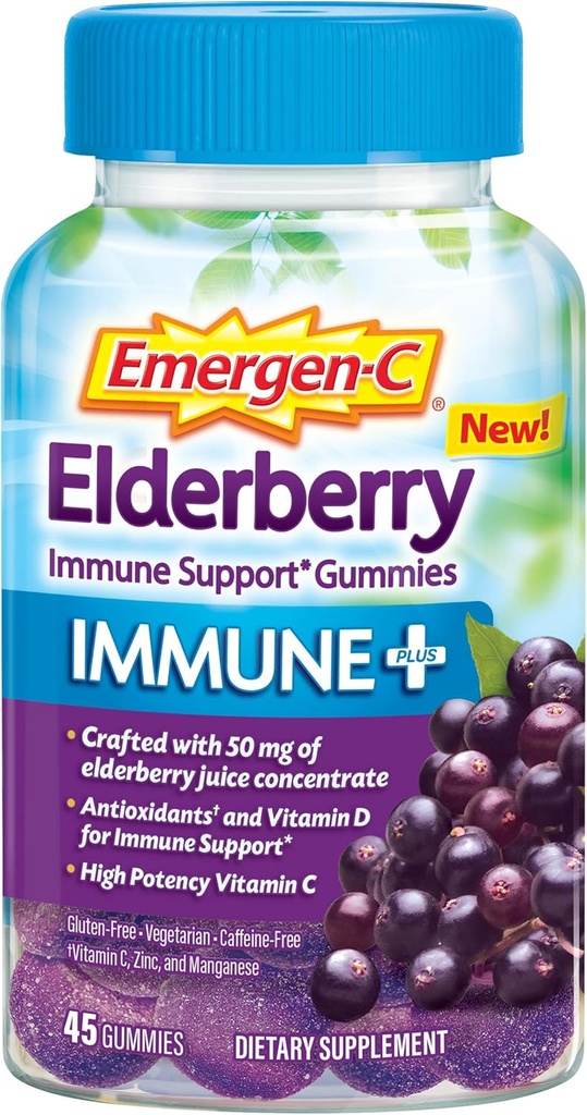 Emergen-C Immune+ Elderberry Gummies, 750 mg βιταμίνης C με βιταμίνη D, ψευδάργυρο και ηλεκτρολύτες, συμπλήρωμα διατροφής υποστήριξης του ανοσοποιητικού, Caffeine Free, Gluten Free, Elderberry Flavor - 45 Count